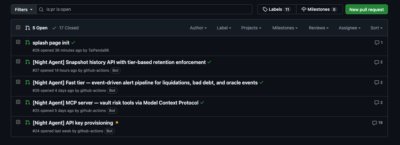 GitHub pull requests list showing 5 open and 17 closed PRs — four labeled [Night Agent] opened by github-actions bot: Snapshot history API, Fast tier alert pipeline, MCP server vault risk tools, API key provisioning