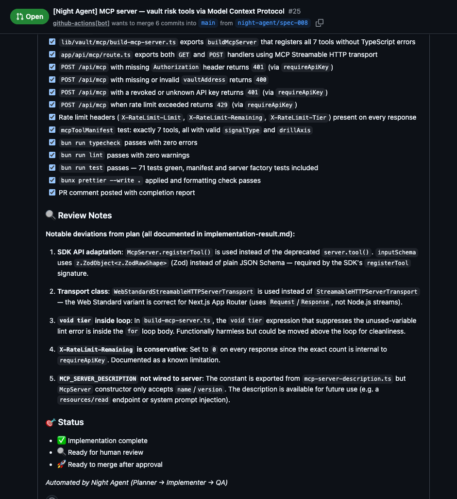 GitHub PR comment review notes section showing deviations from plan, open questions the agent flagged, and implementation notes about choices made during autonomous coding