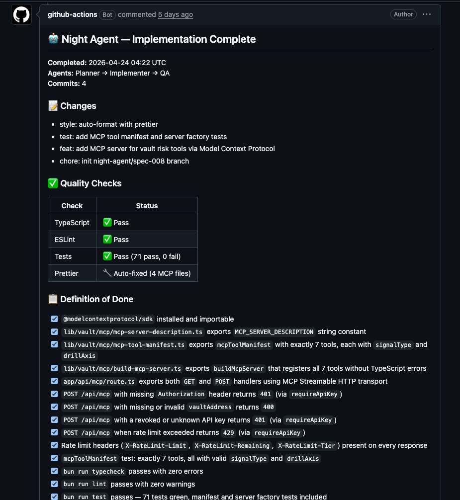 GitHub PR comment from Night Agent showing Implementation Complete header, Changes list with commits, Quality Checks table with TypeScript pass, ESLint pass, Tests pass, Prettier auto-fixed, and Definition of Done checklist