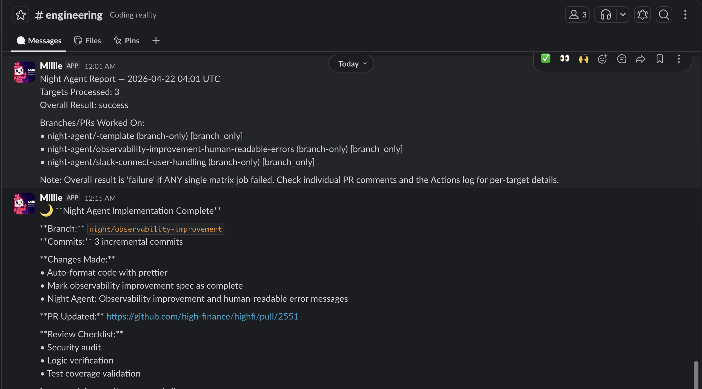 Slack #engineering channel showing Night Agent run summary — 3 targets processed, overall success, branches listed, then Night Agent Implementation Complete with PR link and commit list