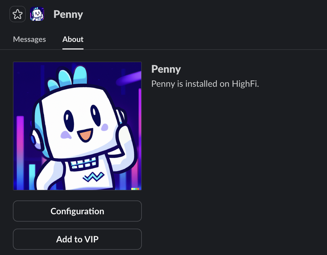 Penny's Slack app profile — Penny is installed on HighFi